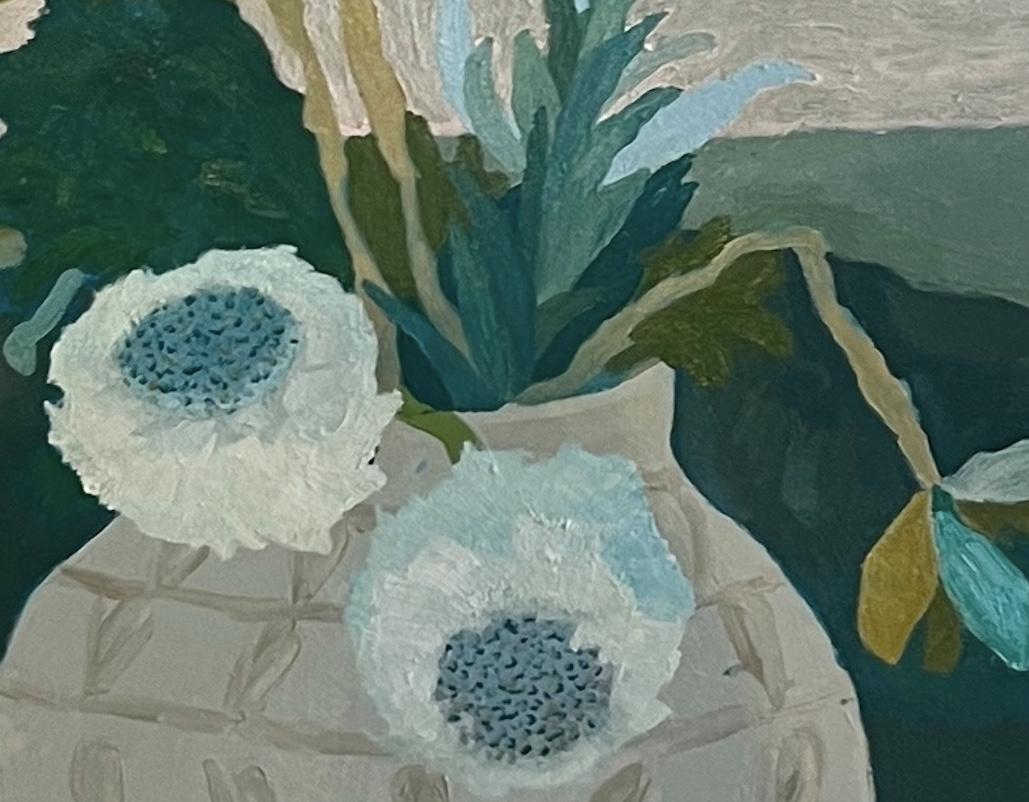 Still Life, White Flowers - Blue and Grey Still Life Oil Painting with Sunset For Sale 2