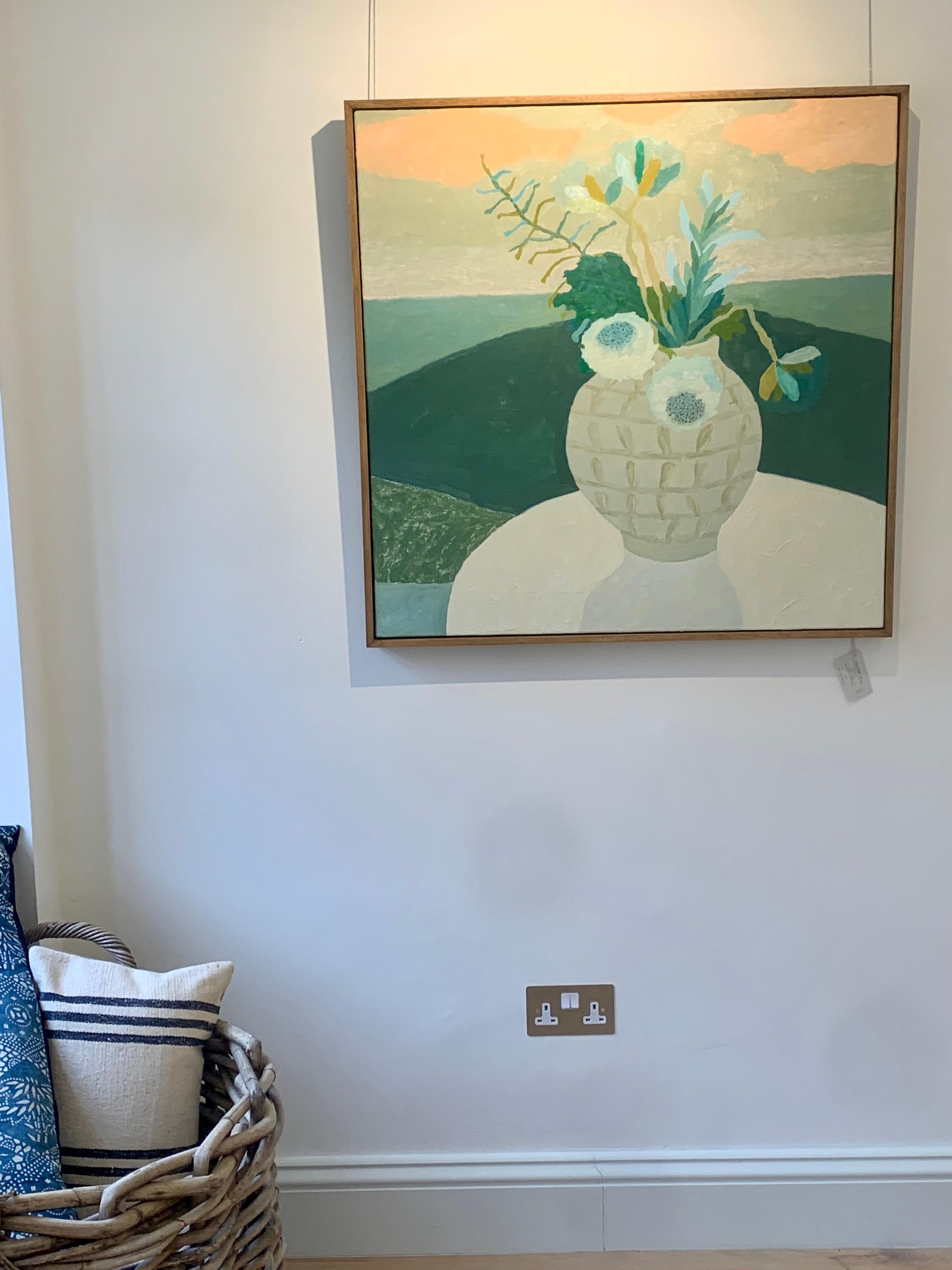Still Life, White Flowers - Blue and Grey Still Life Oil Painting with Sunset For Sale 4