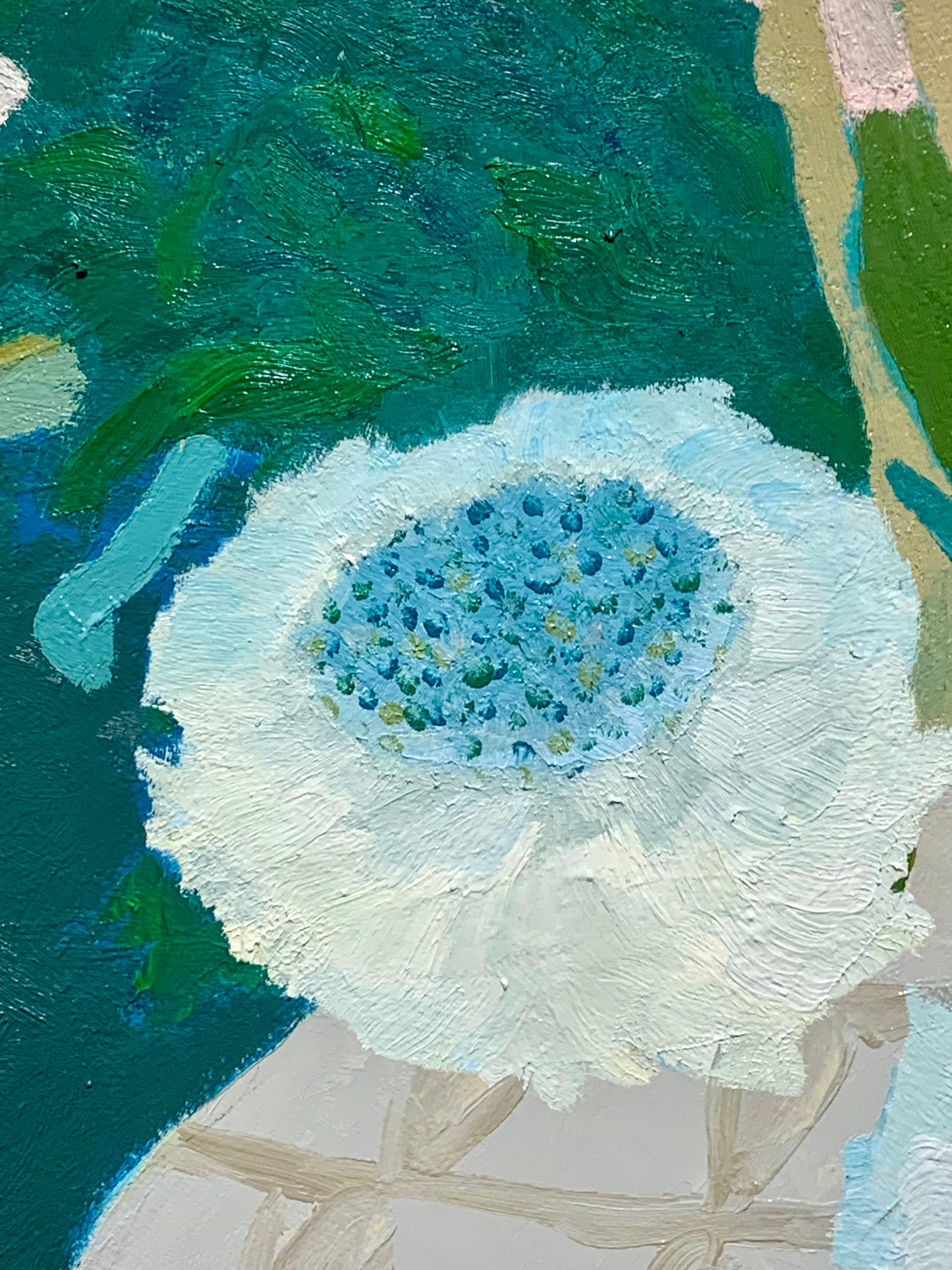 Still Life, White Flowers - Blue and Grey Still Life Oil Painting with Sunset For Sale 6