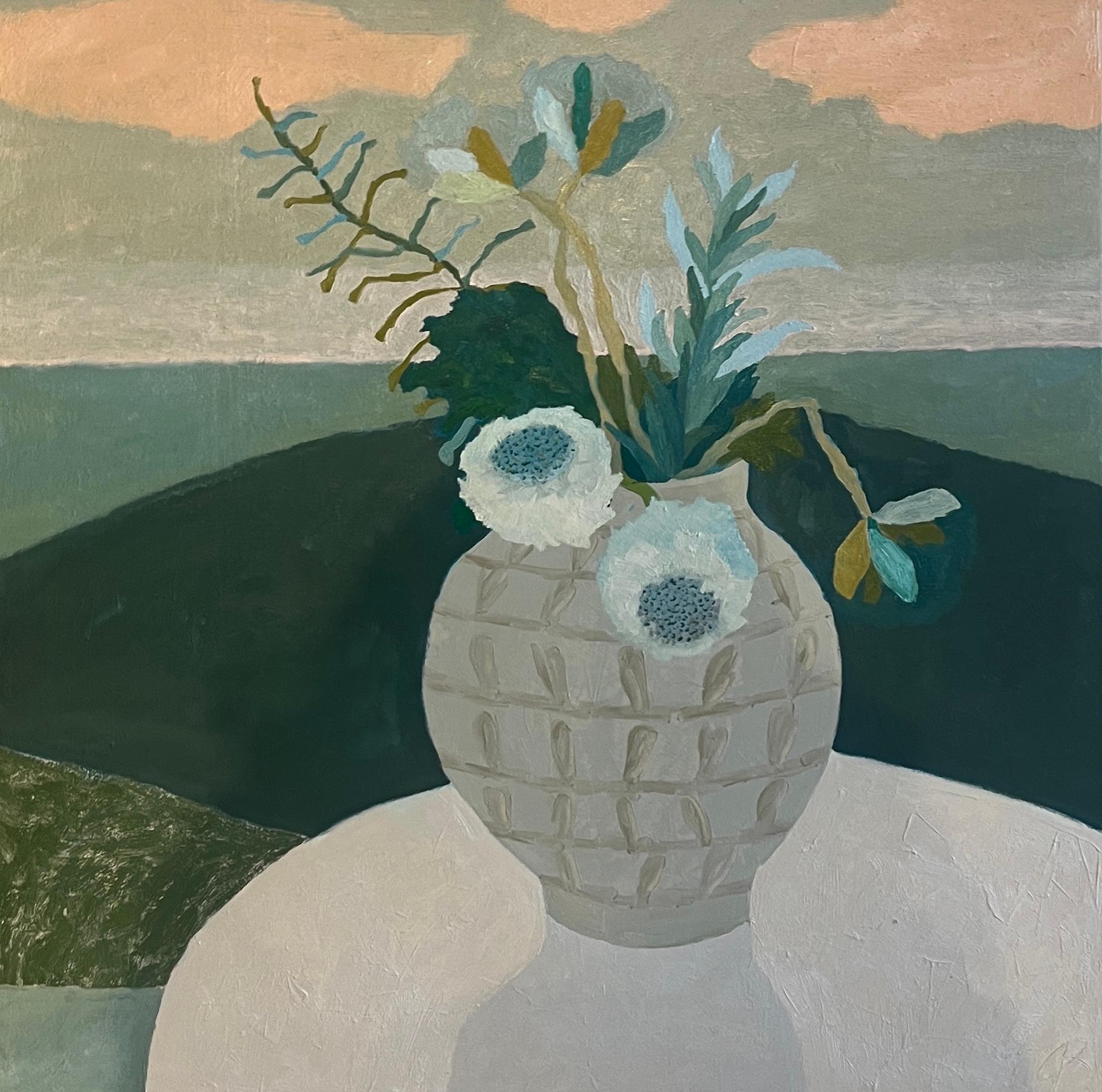 Richard Ballinger Landscape Painting - Still Life, White Flowers - Blue and Grey Still Life Oil Painting with Sunset