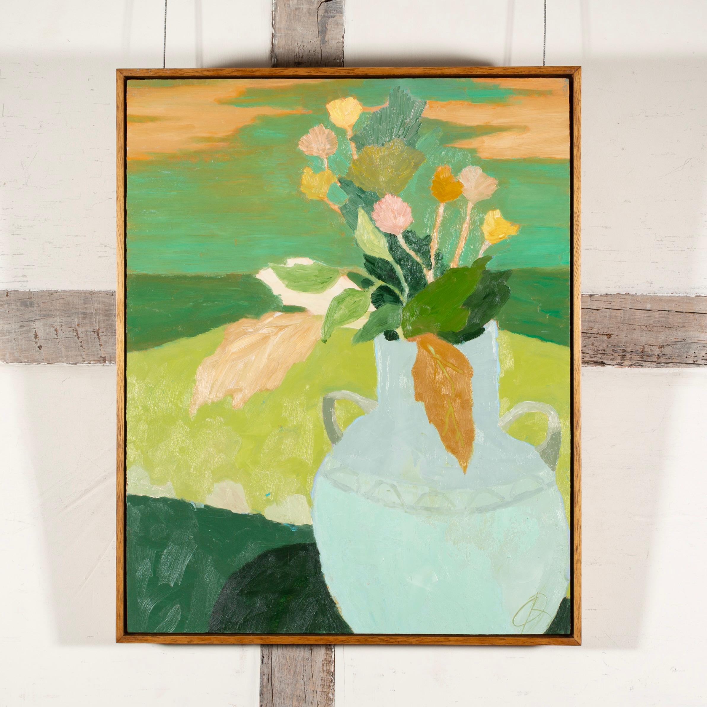El jarrón azul, 2024 - Naturaleza muerta con flores y paisaje en verde y azul - Painting de Richard Ballinger