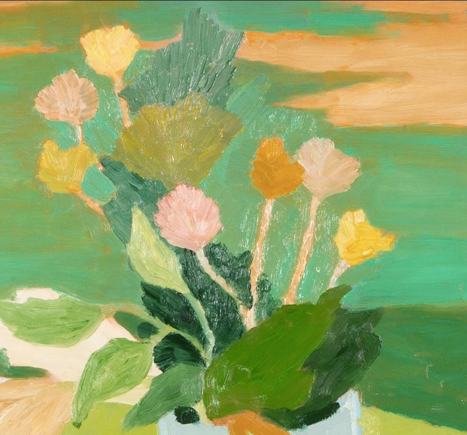 El jarrón azul, 2024 - Naturaleza muerta con flores y paisaje en verde y azul - Still-Life Painting Verde de Richard Ballinger
