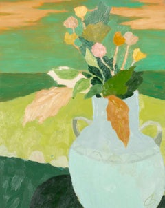 The Blue Vase, 2024 - Still Life with Flowers and Landscape in Green and Blue