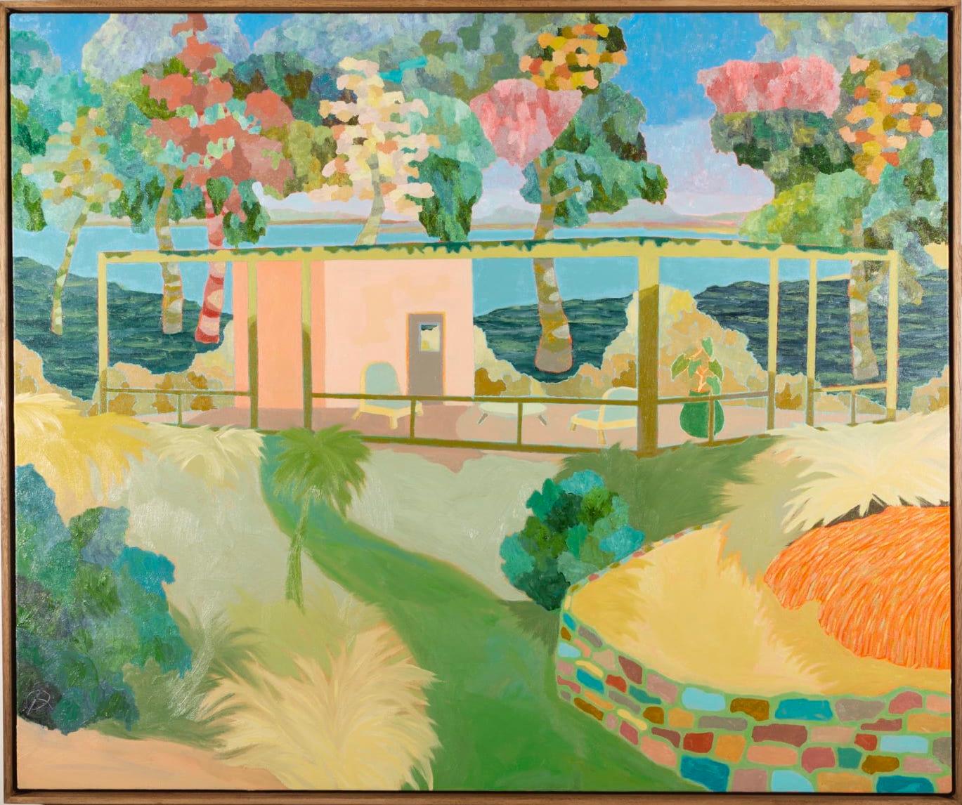 The Glass House - large landscape painting, brightly coloured oil, contemporary - Painting by Richard Ballinger