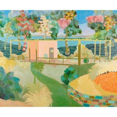 The Glass House - large landscape painting, brightly coloured oil, contemporary