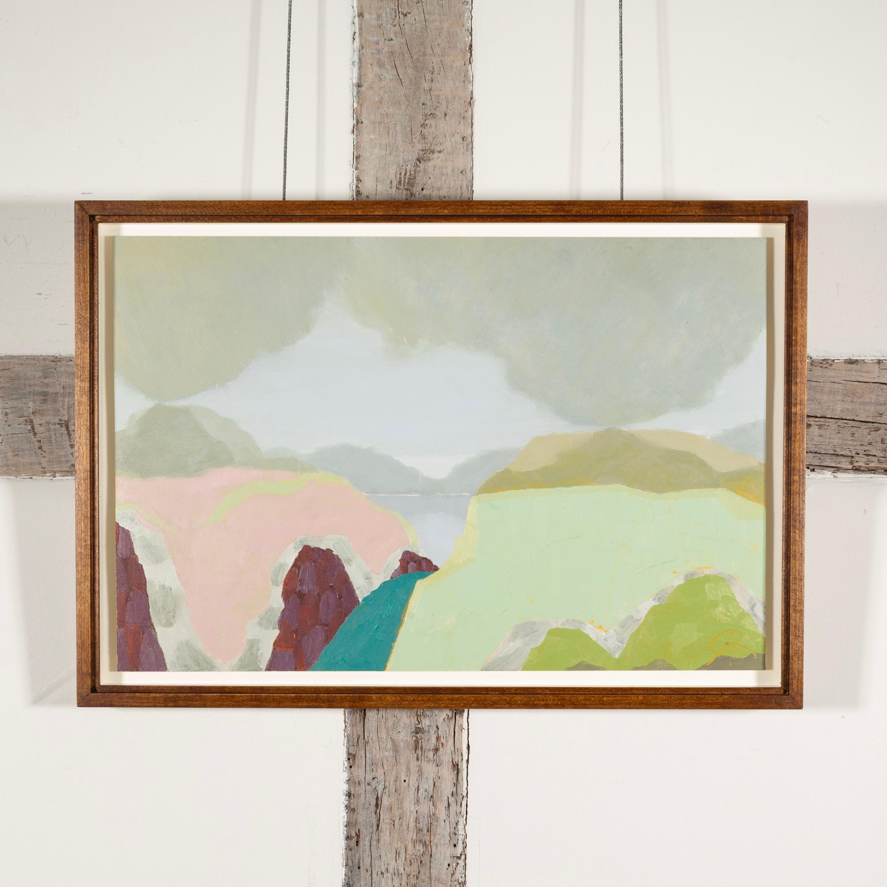 Der gewundene Pfad - Ölgemälde einer zeitgenössischen Landschaft in Grau, Grün und Rosa – Painting von Richard Ballinger