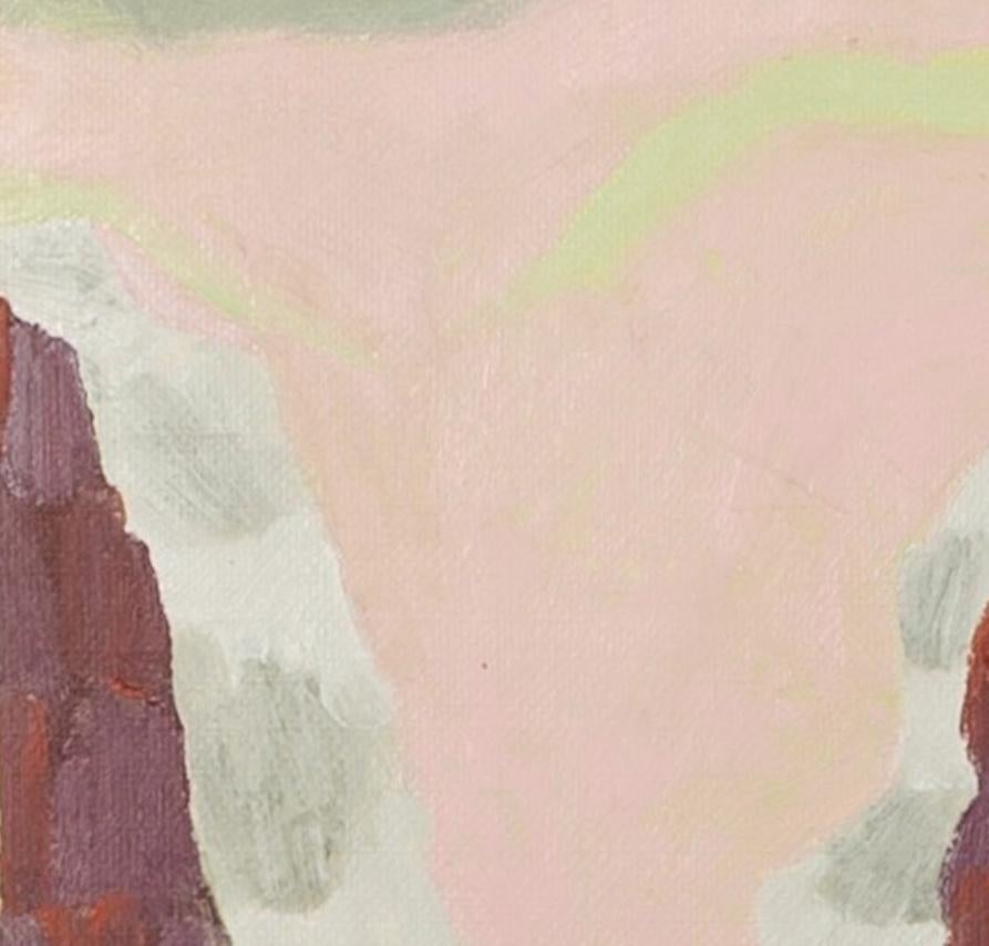 Der gewundene Pfad - Ölgemälde einer zeitgenössischen Landschaft in Grau, Grün und Rosa im Angebot 2