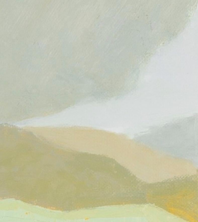 Der gewundene Pfad - Ölgemälde einer zeitgenössischen Landschaft in Grau, Grün und Rosa im Angebot 3