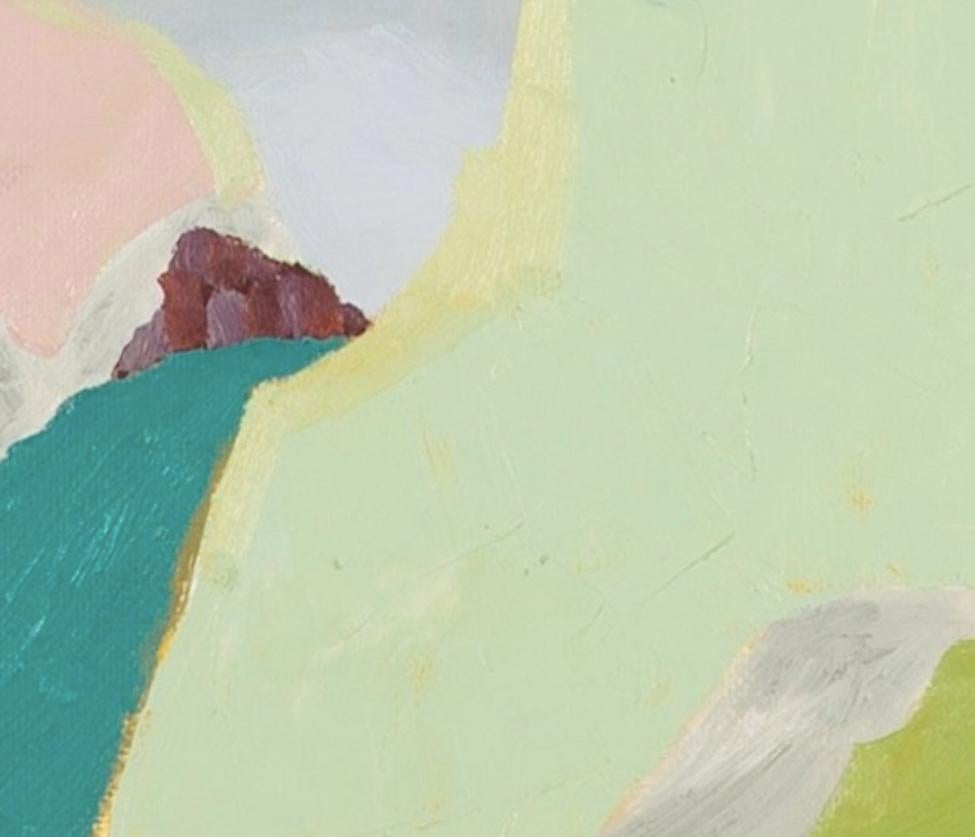 Der gewundene Pfad - Ölgemälde einer zeitgenössischen Landschaft in Grau, Grün und Rosa im Angebot 4