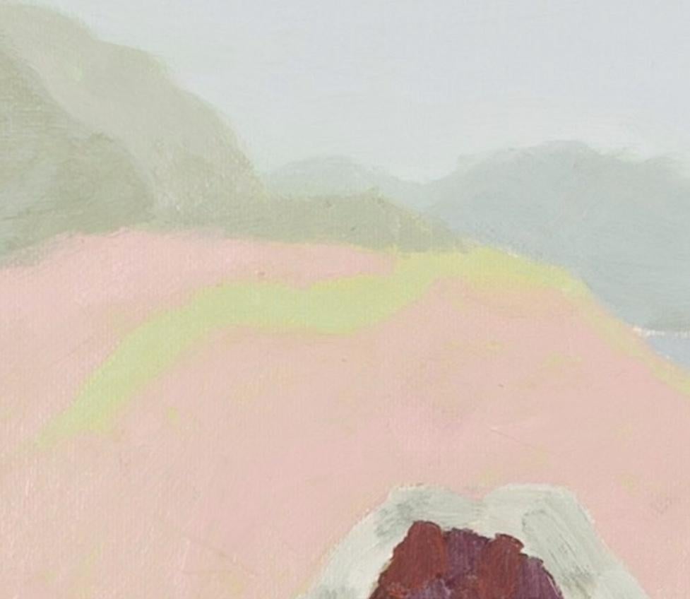 Der gewundene Pfad - Ölgemälde einer zeitgenössischen Landschaft in Grau, Grün und Rosa im Angebot 5