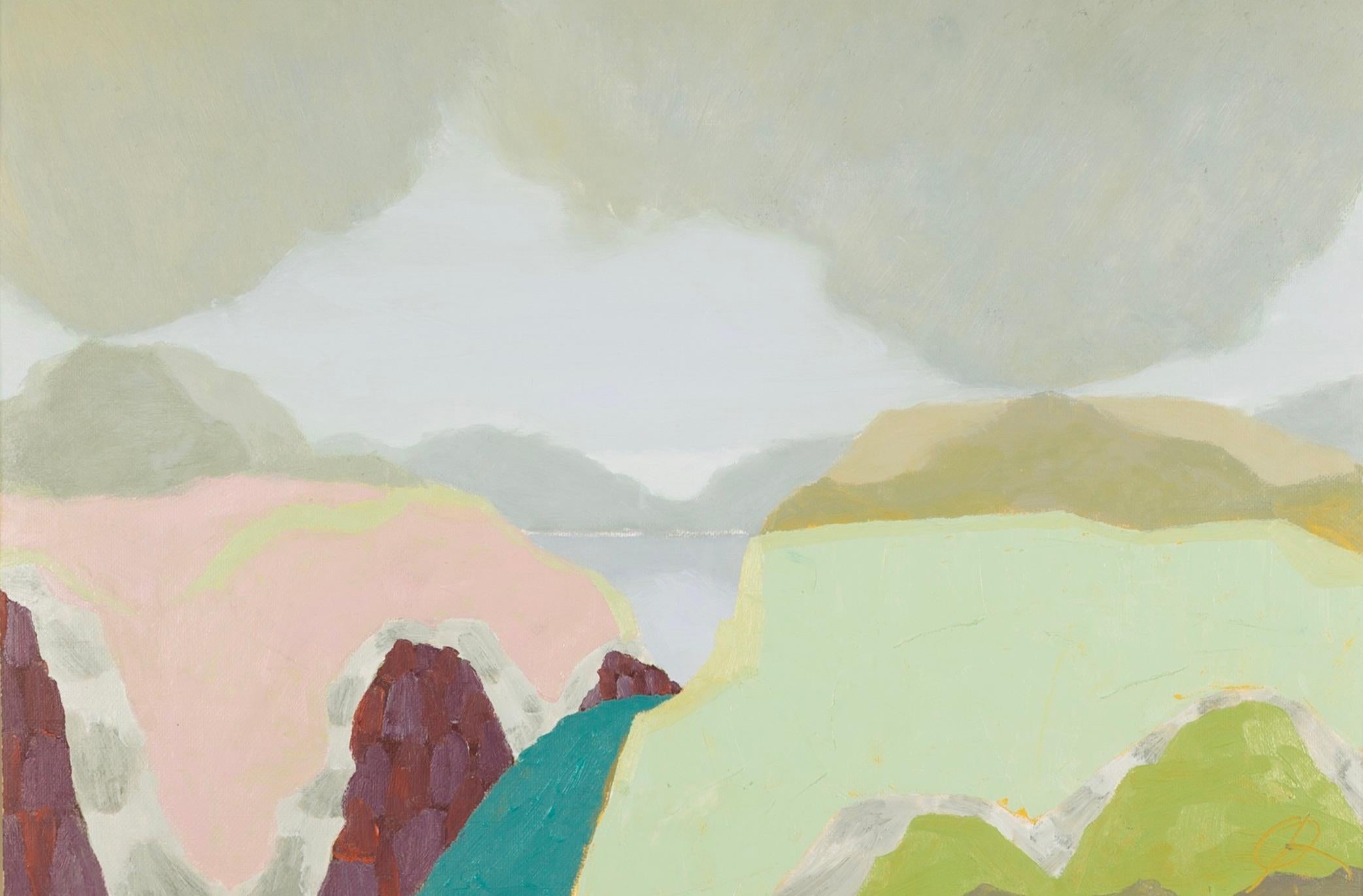 Richard Ballinger Abstract Painting – Der gewundene Pfad - Ölgemälde einer zeitgenössischen Landschaft in Grau, Grün und Rosa