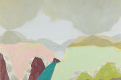 The Winding Path - Contemporary Landscape Oil Painting in Grey, Green and Pink