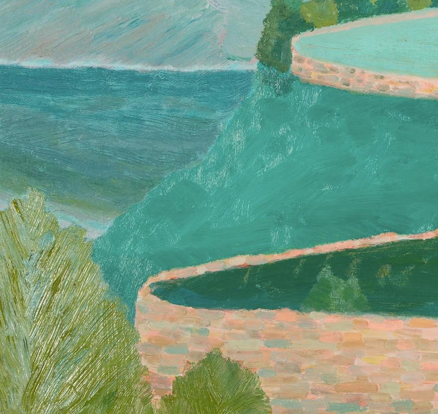 La parete tortuosa, 2024 - Pittura ad olio di paesaggio contemporaneo con blu 3