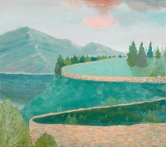 La parete tortuosa, 2024 - Pittura ad olio di paesaggio contemporaneo con blu