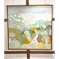 Through the Park to the Sea - orange and grey contemporary landscape in oil,