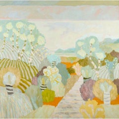 Through the Park to the Sea - orange and grey contemporary landscape in oil,