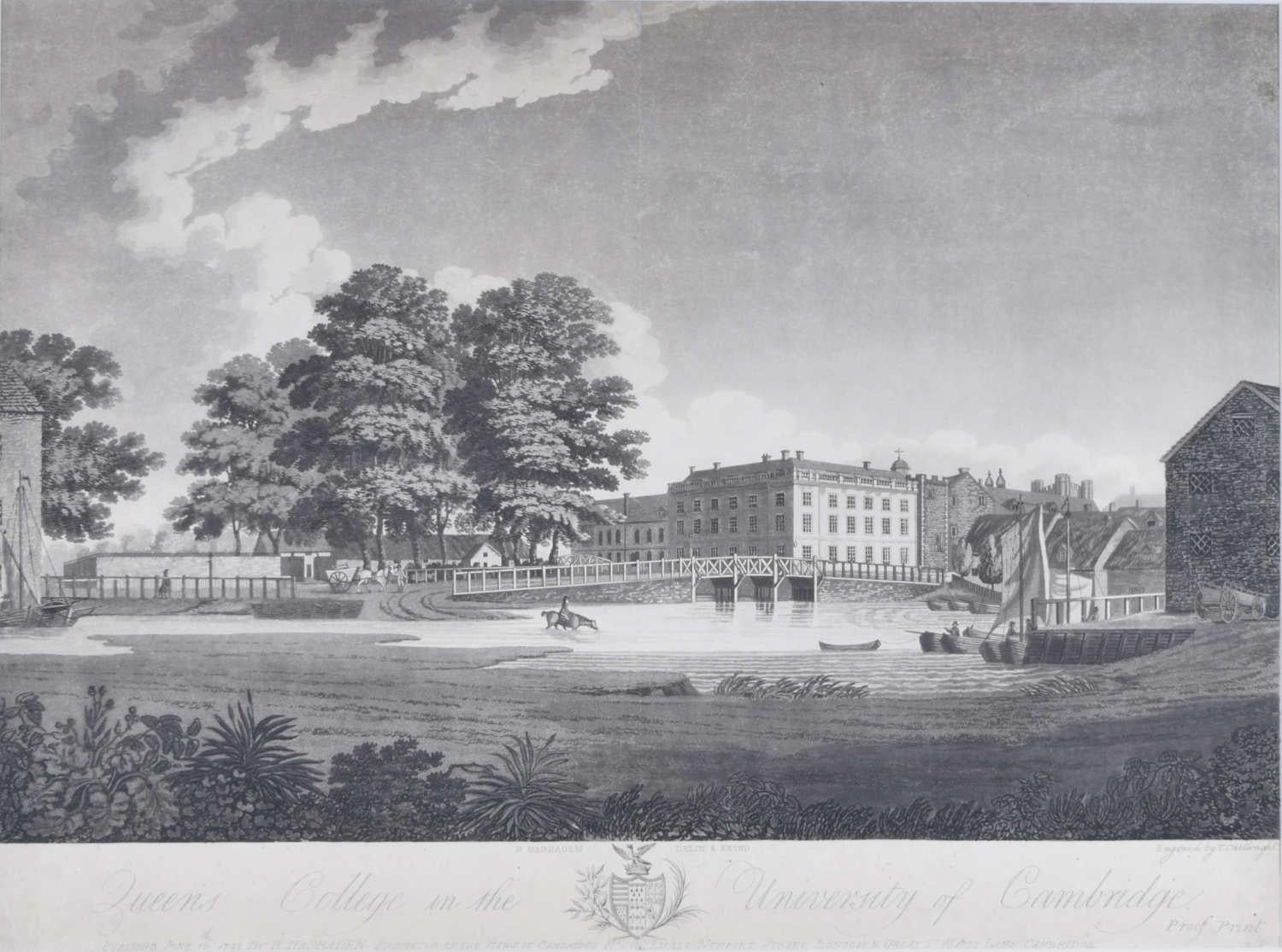 Richard Bankes Harraden
Queen's College, Cambridge
Engraving
40 x 54 cm
Inscribed to the bottom: 'Published June 16th 1798 by R. Harraden.'

A late eighteenth-century view of Queens' College, Cambridge and a snapshot of history. This engraving