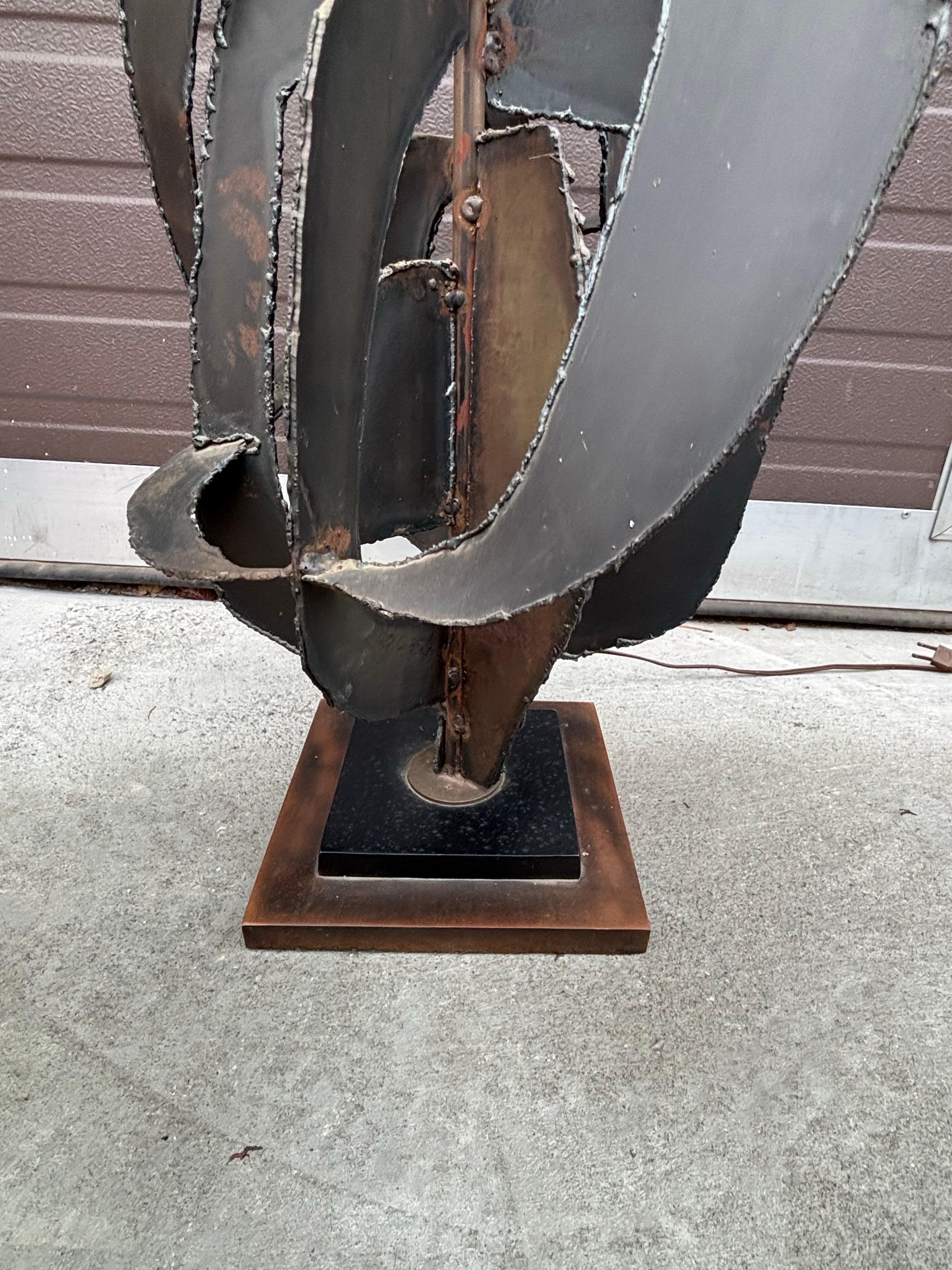 Richard Barr Torch Cut and Welded Brutalist Table Lamp done for Laurel Lighting.  In nice original condition with a shade that could be original to the lamp.  Really great scale!  Standing 46