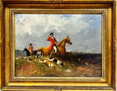 Antique English Hunting Scene 1830’s Horse & Hounds original oil painting framed