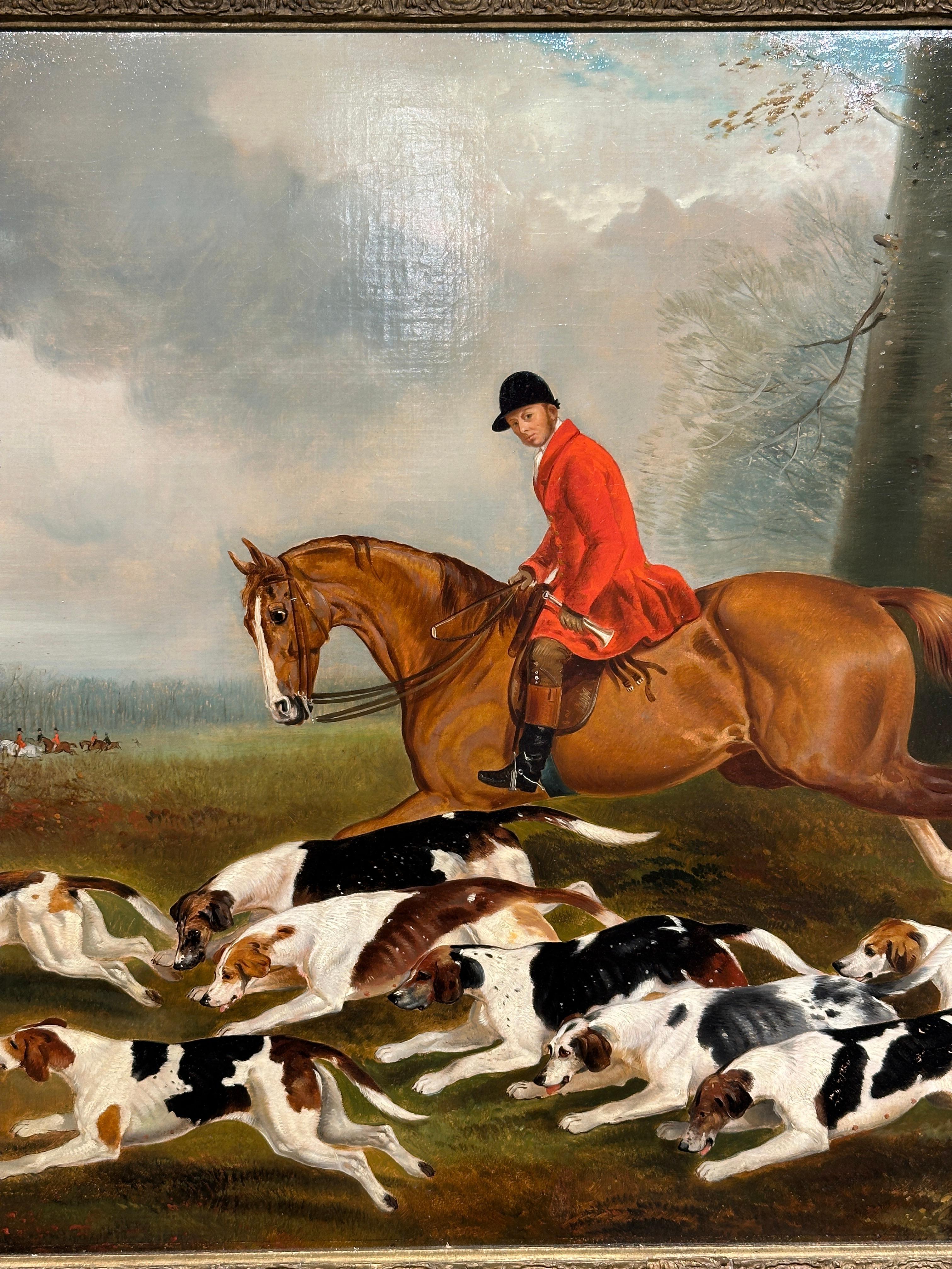 Siglo XIX Cazador y sabuesos de caza del zorro en un paisaje, subido a su caballo - Painting de Richard Barrett Davis