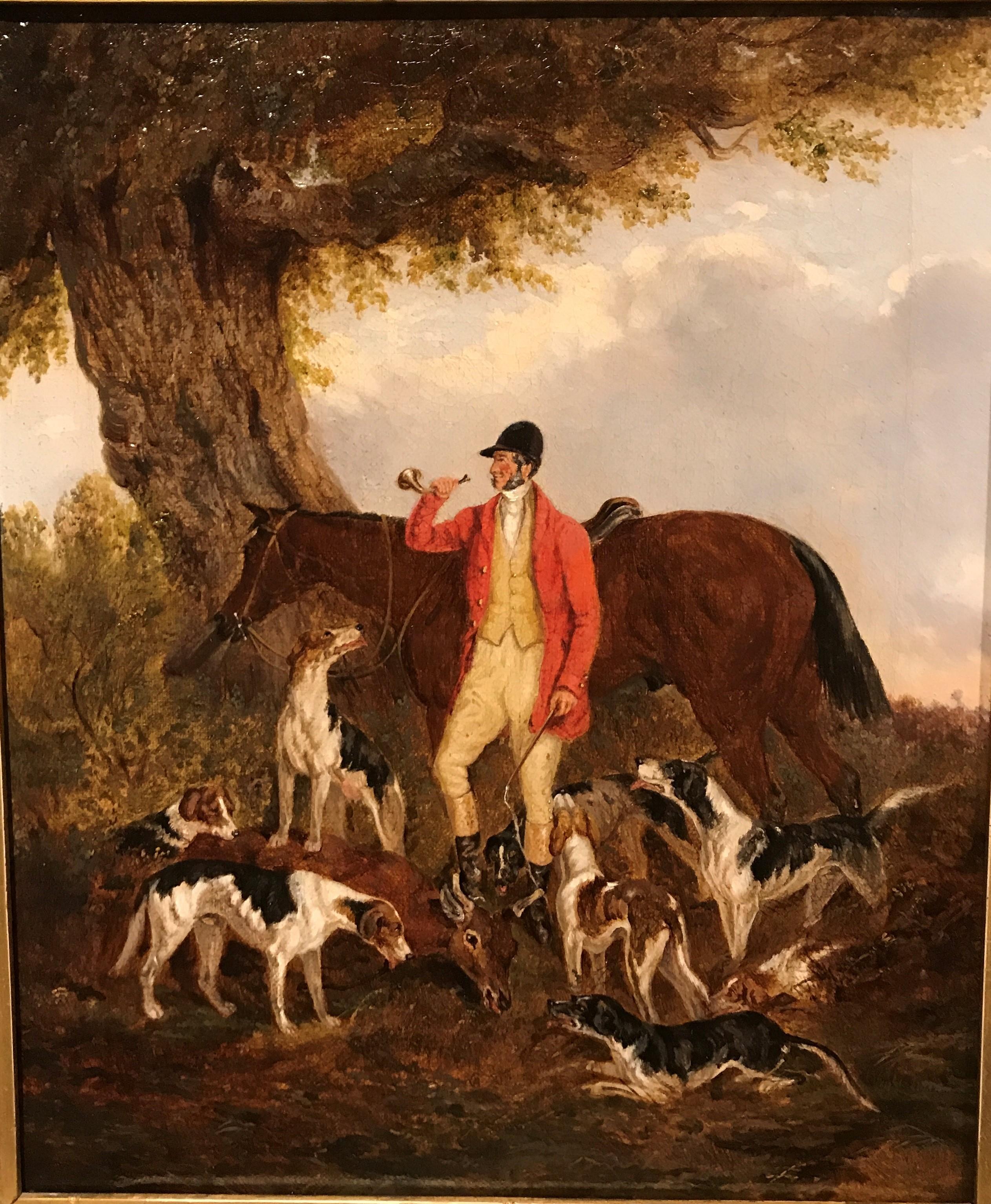 Richard Barrett Davis Landscape Painting - Huntsman, hounds and stag - a perfect gem of a sporting painting