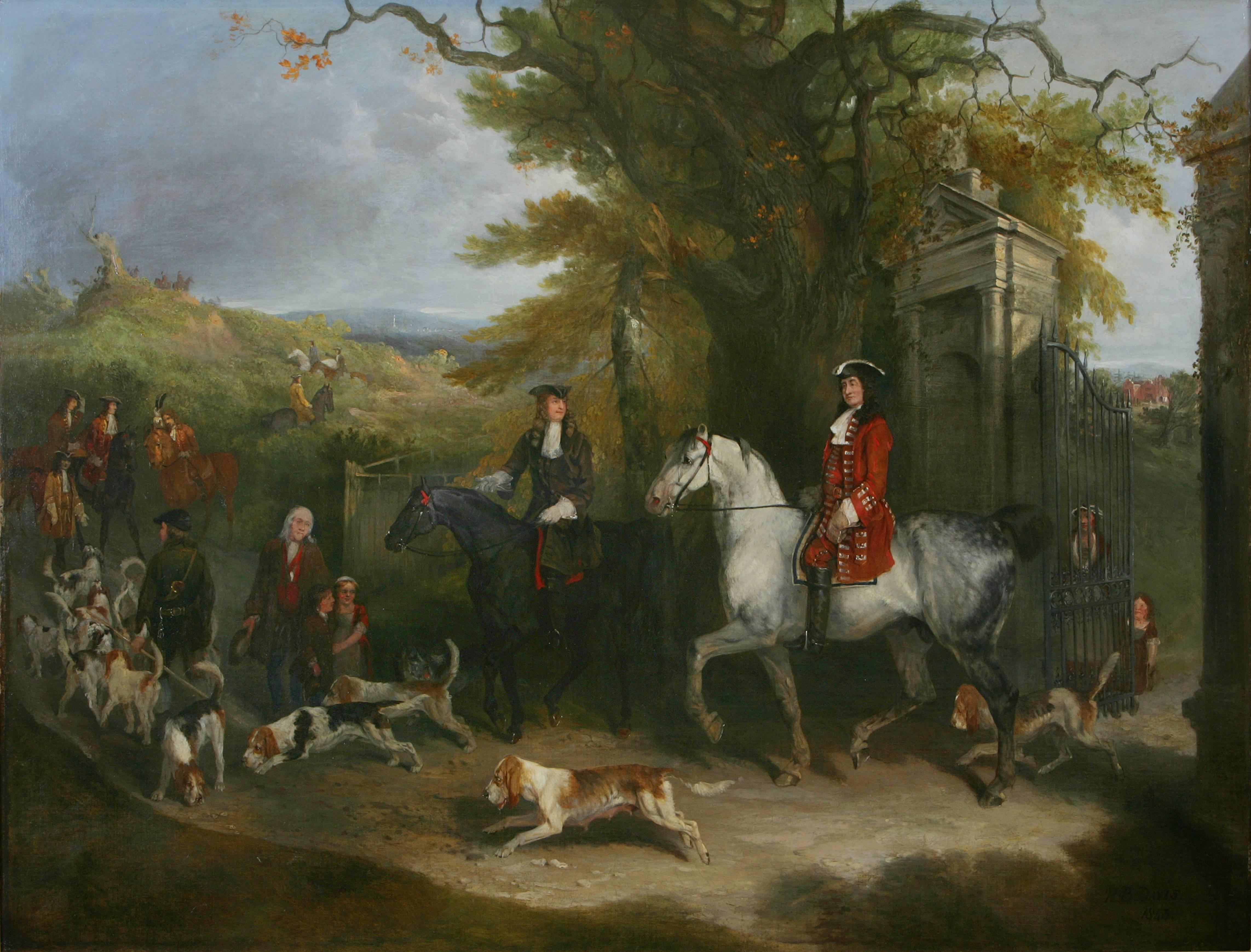 Richard Barrett Davis Portrait Painting - Sir Roger de Coverley and his Hounds A Sporting Portrait, signed and dated 1843