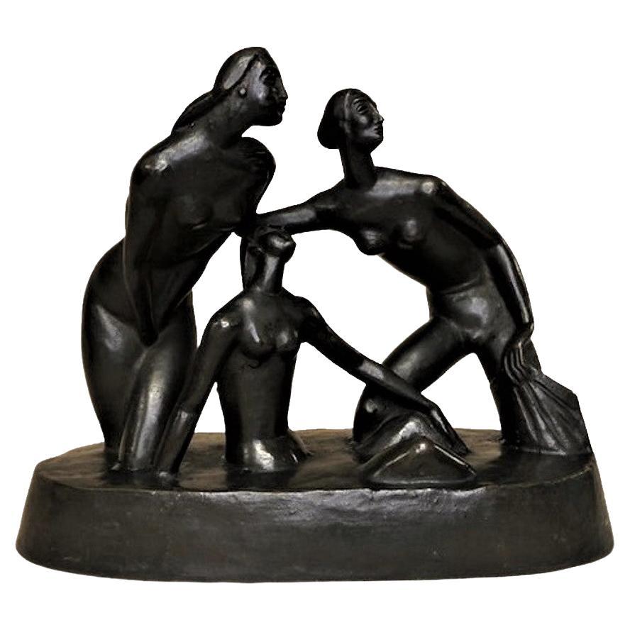 Richard Bauroth, Bathers, German Jugenstil Patinated Bronze Sculpture, Ca. 1919 For Sale