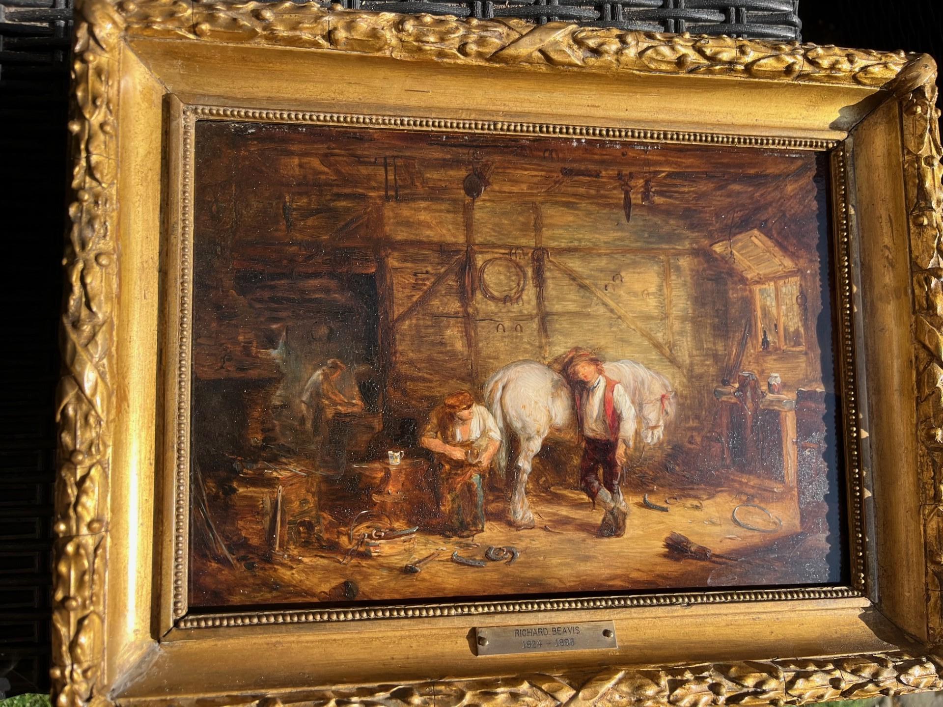 Victorian Oil Painting Blacksmith Forge with Figures and Horse in Stable Framed - Victorien Art par Richard Beavis