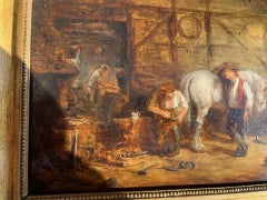 Victorian Oil Painting Blacksmith Forge with Figures and Horse in Stable Framed