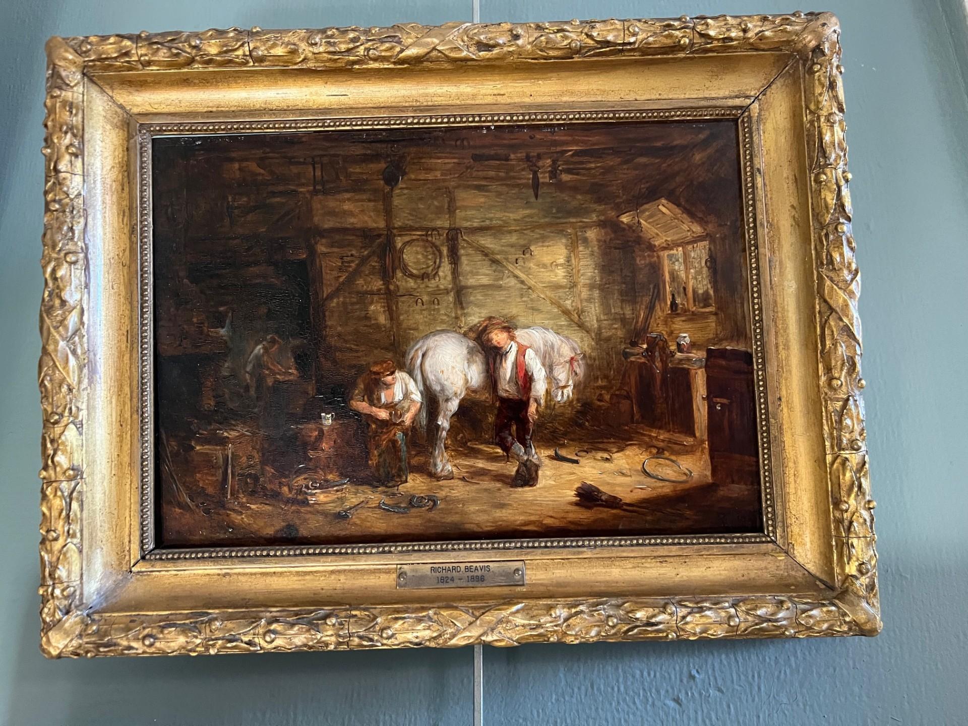 Victorian Oil Painting Blacksmith Forge with Figures and Horse in Stable Framed