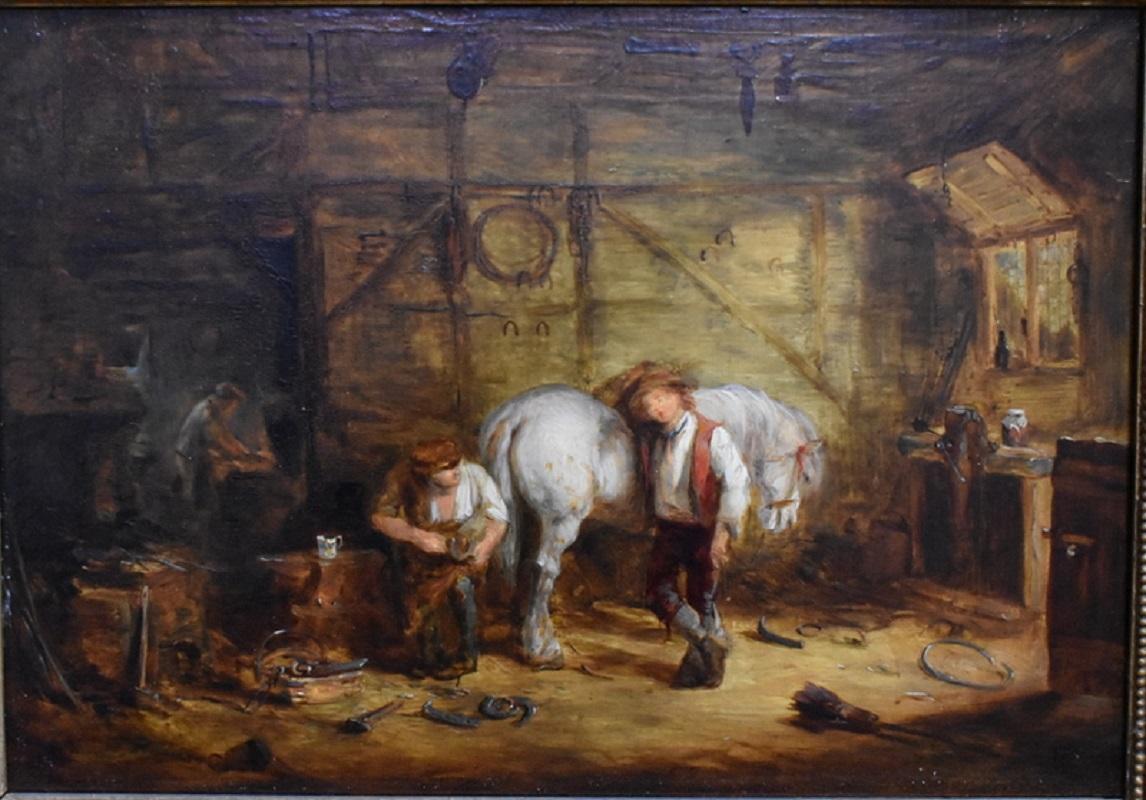 Victorian Oil Painting Blacksmith Forge with Figures and Horse in Stable Framed - Art by Richard Beavis