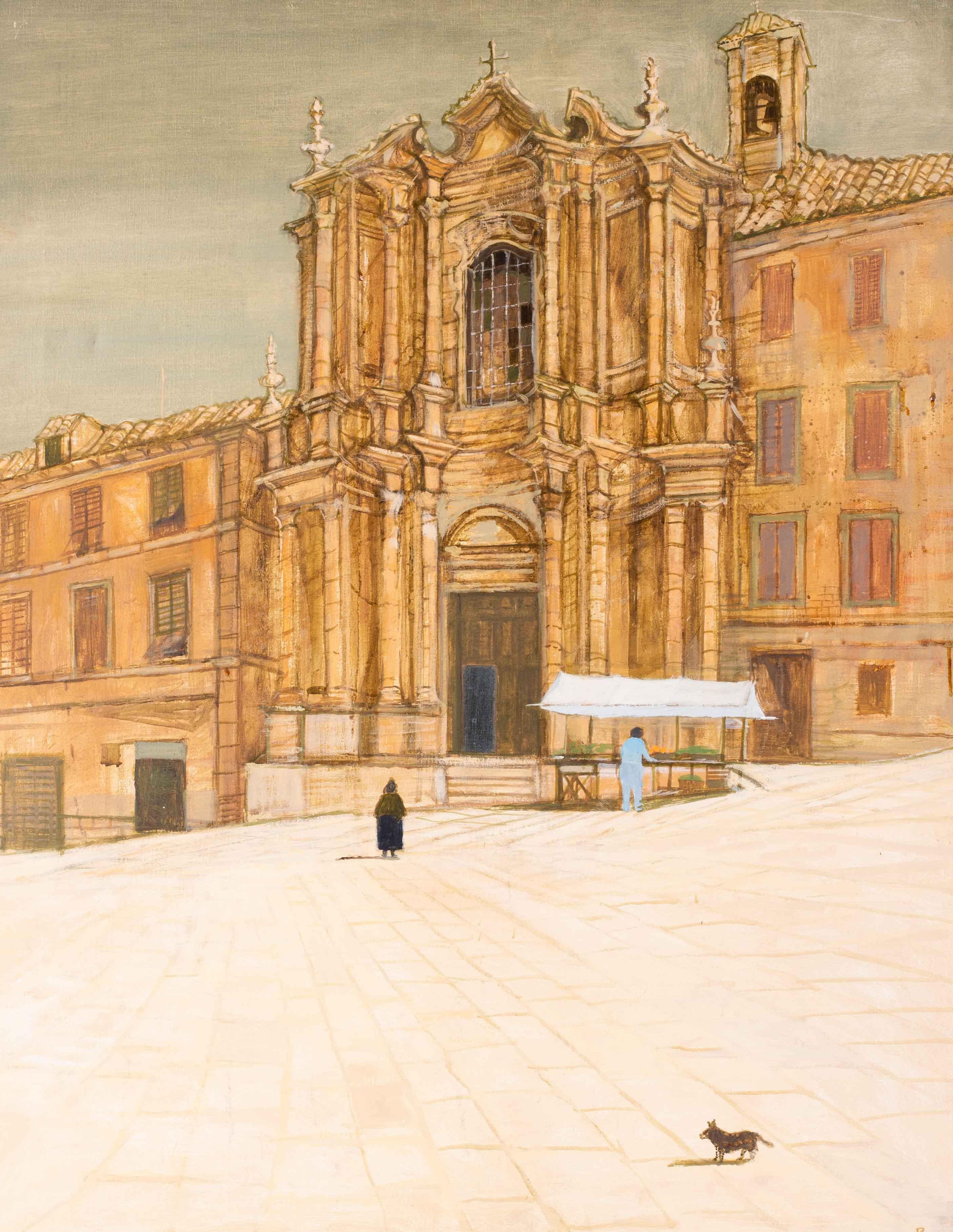 British 20th Century oil painting of a market stall at a Baroque church, Italy - Painting by Richard Beer