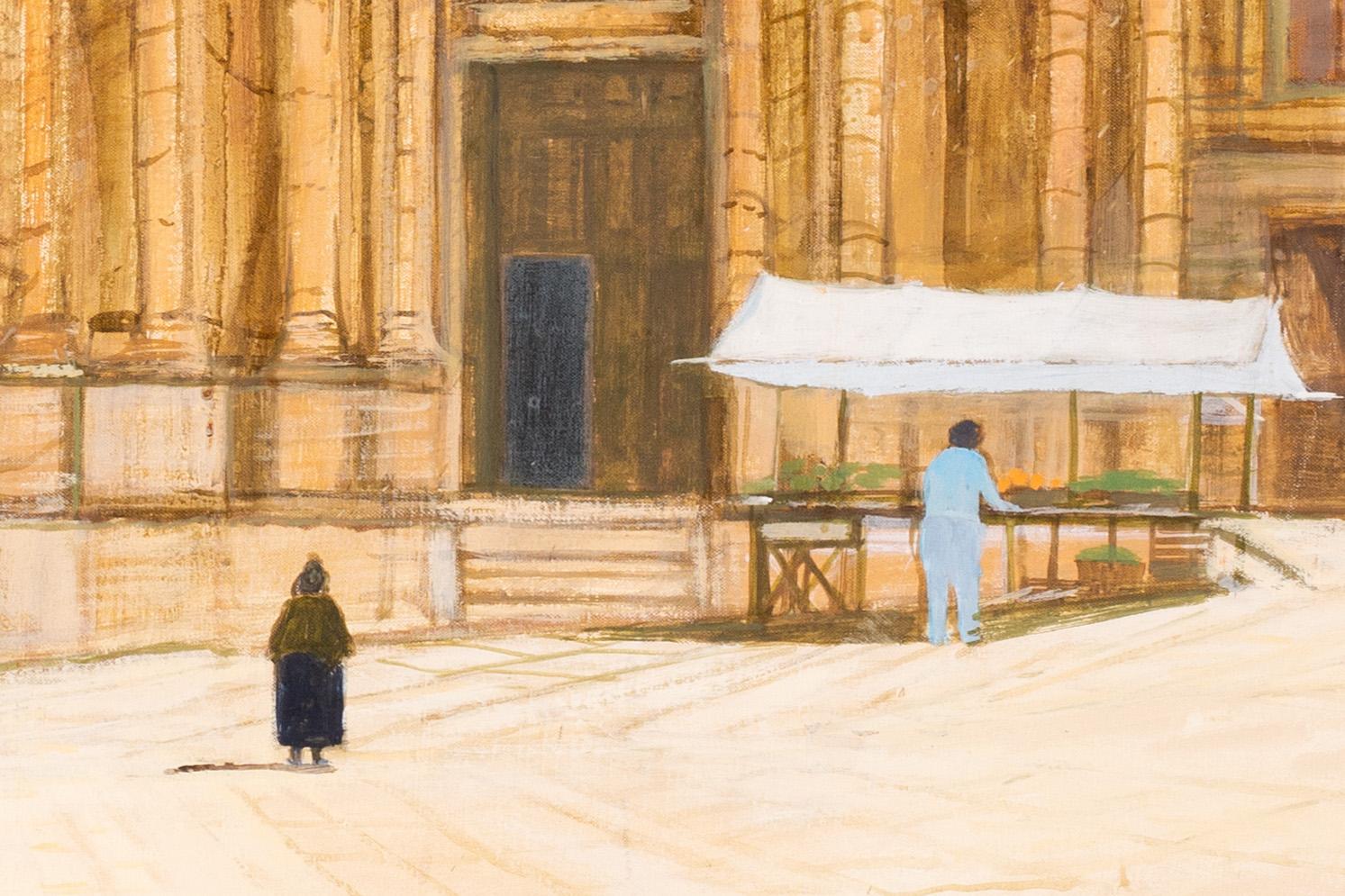 British 20th Century oil painting of a market stall at a Baroque church, Italy - Post-Impressionist Painting by Richard Beer