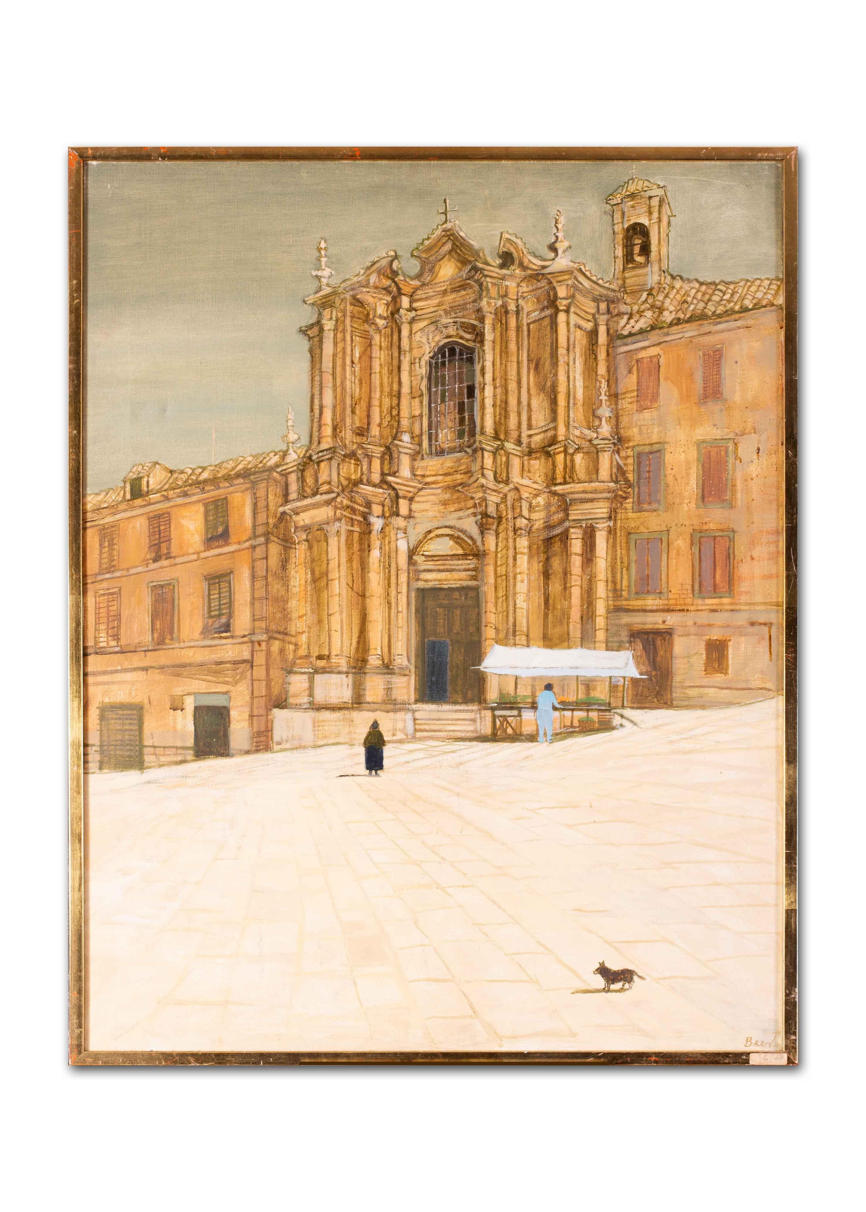 British 20th Century oil painting of a market stall at a Baroque church, Italy 2