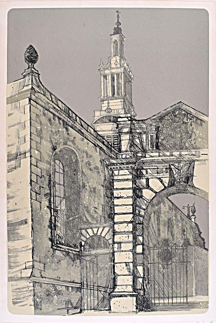 Christ Church Greyfriars, Newgate Street, London 1970 etching by Richard Beer For Sale 1
