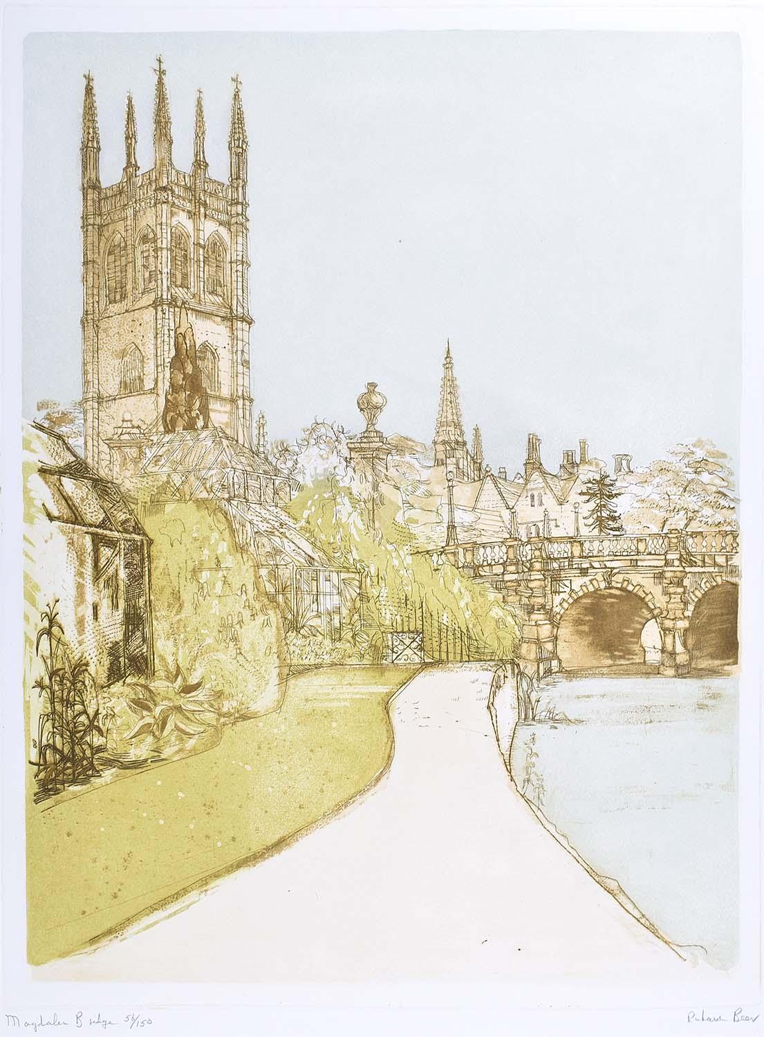 Magdalen Tower and Bridge, Oxford etching by Richard Beer