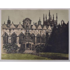 Retro Oriel College, Oxford etching by Richard Beer 1980s