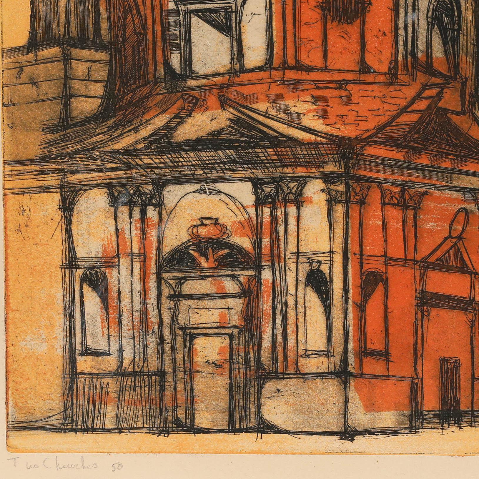 Richard Beer (1928-2017) - 20th Century Etching, Two Churches For Sale 2