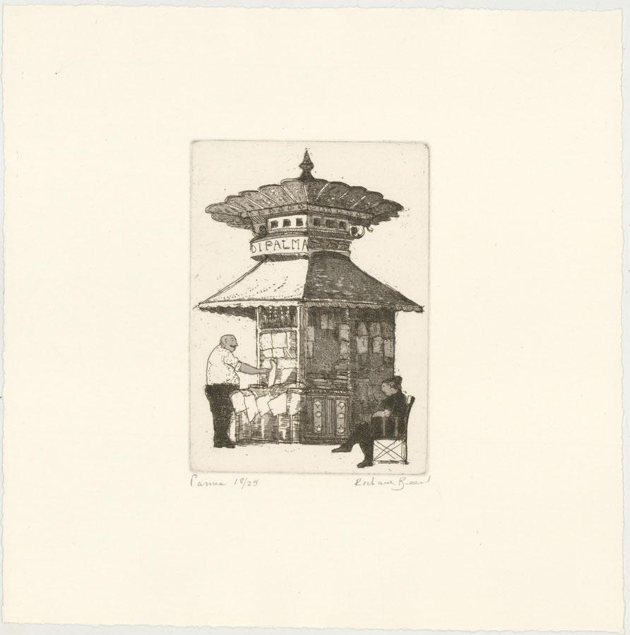 A charming etching with aquatint by known British artist Richard Beer. Beer's signature attention to architectural detail is prevalent here. The ornate scalloped roof to the small outdoor stall gives this everyday subject matter an unusual grandeur.