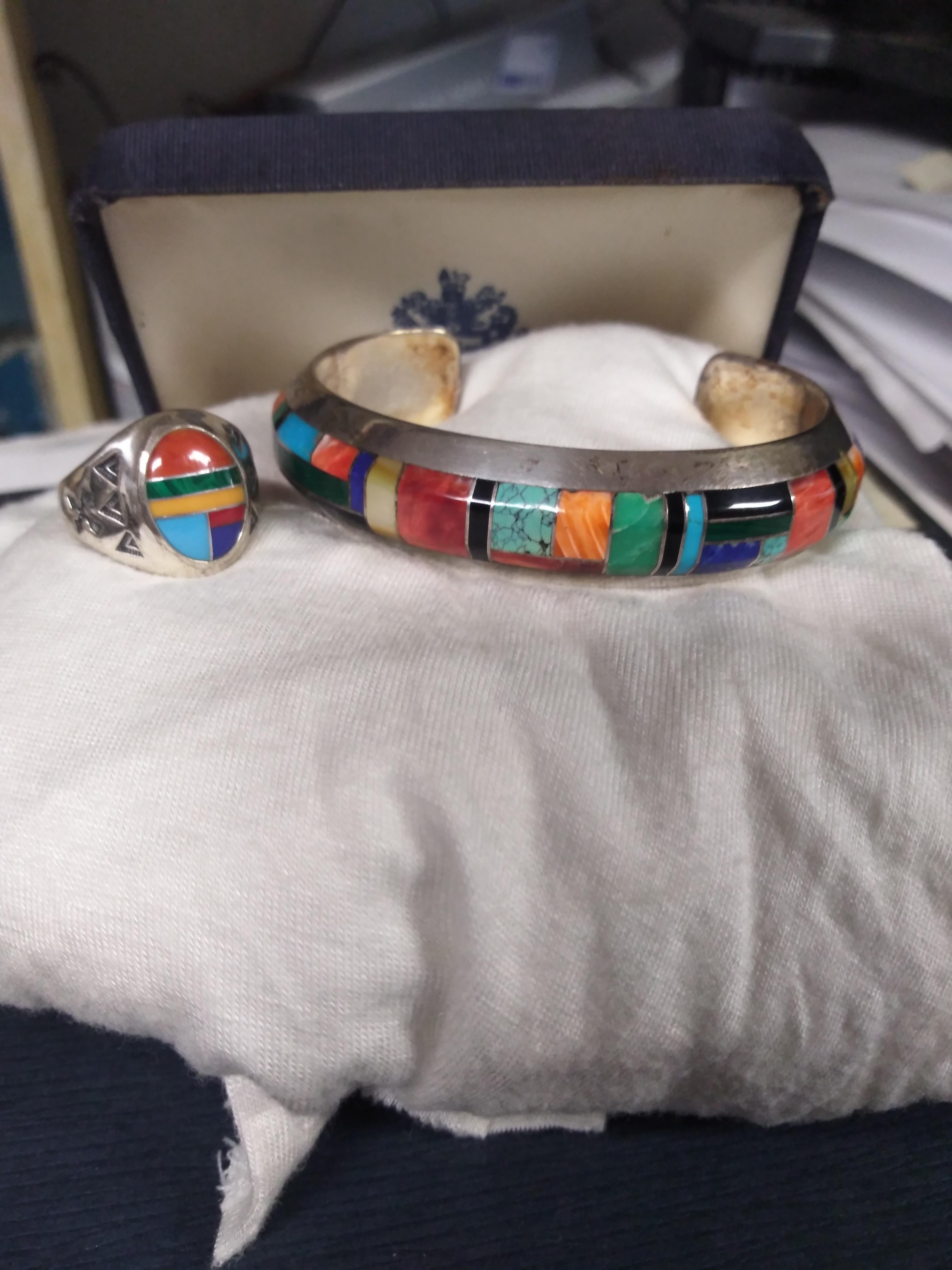 Native American Richard Begay Sterling Silver Navajo Ring w/ Semi-precious stones