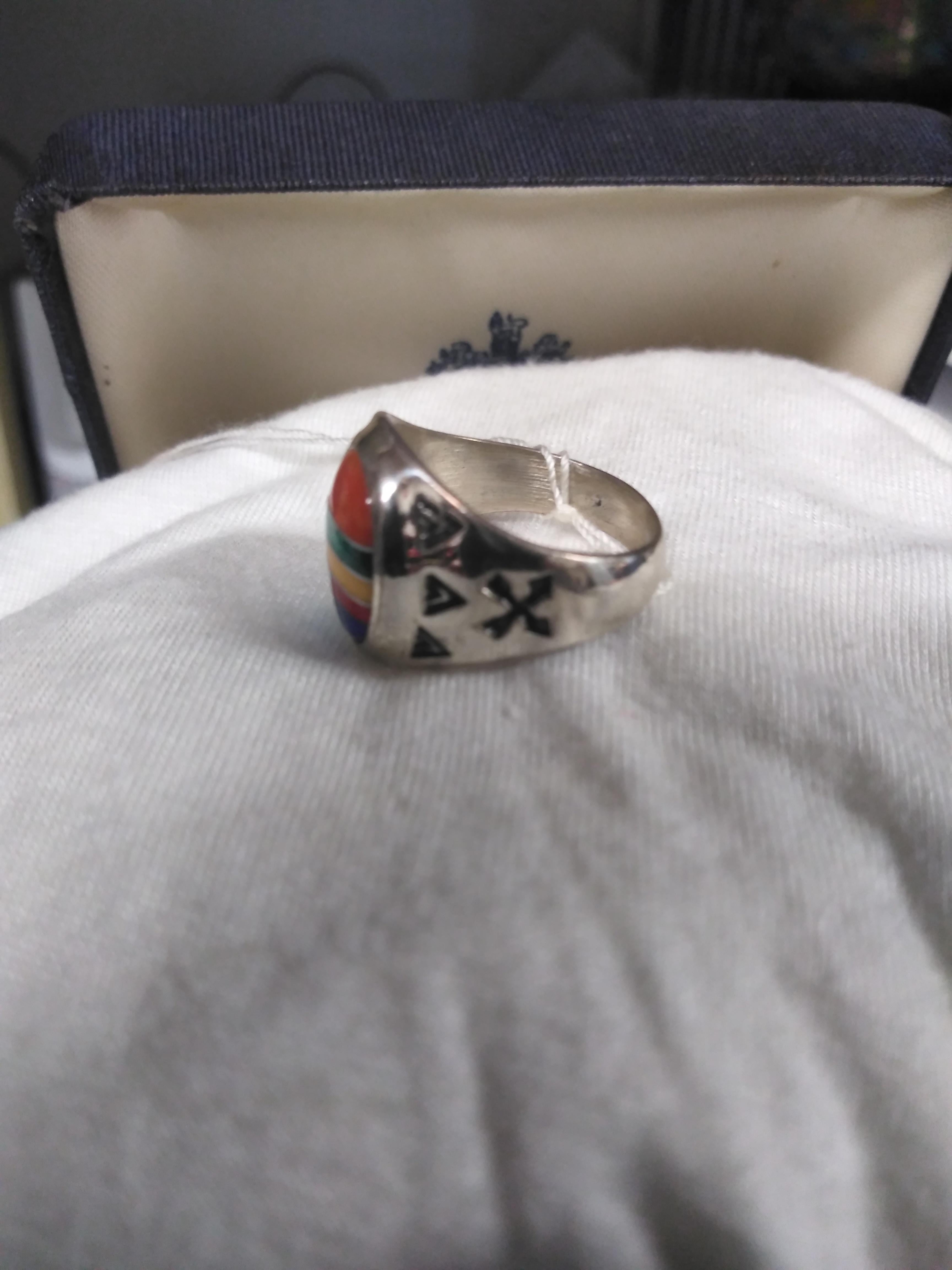 Hand-Crafted Richard Begay Sterling Silver Navajo Ring w/ Semi-precious stones
