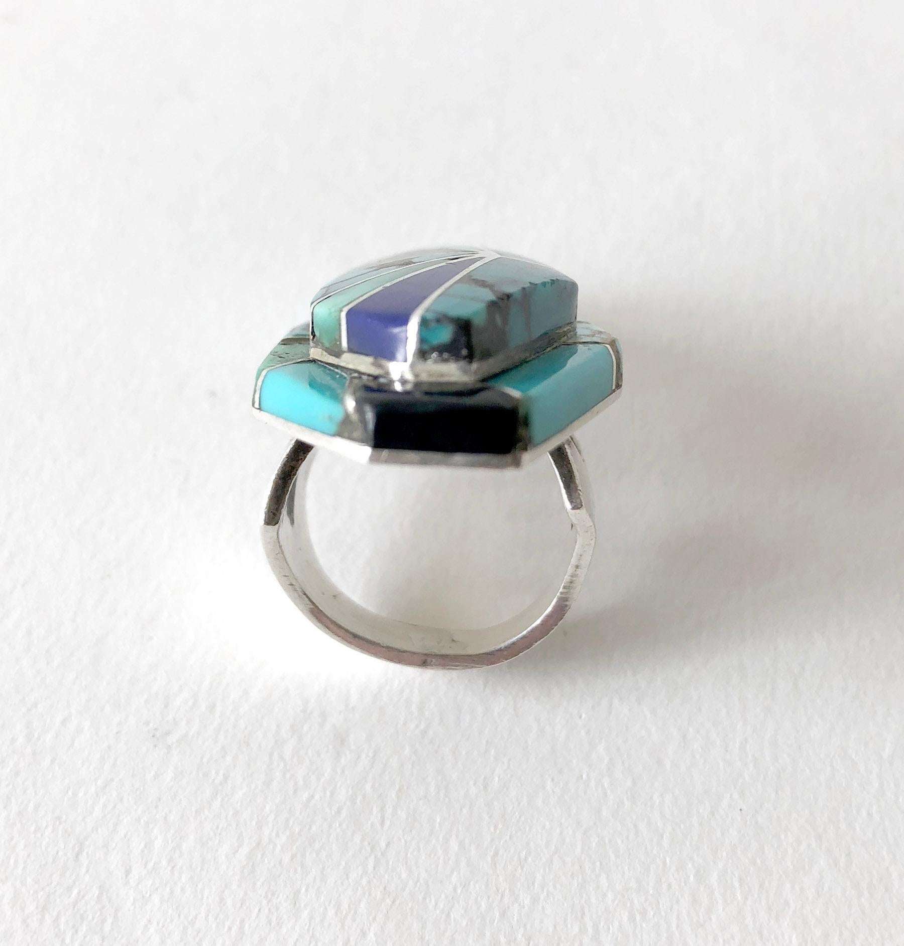 Artist Richard Begay Sterling Silver Turquoise Onyx Lapis Lazuli Navajo Ring