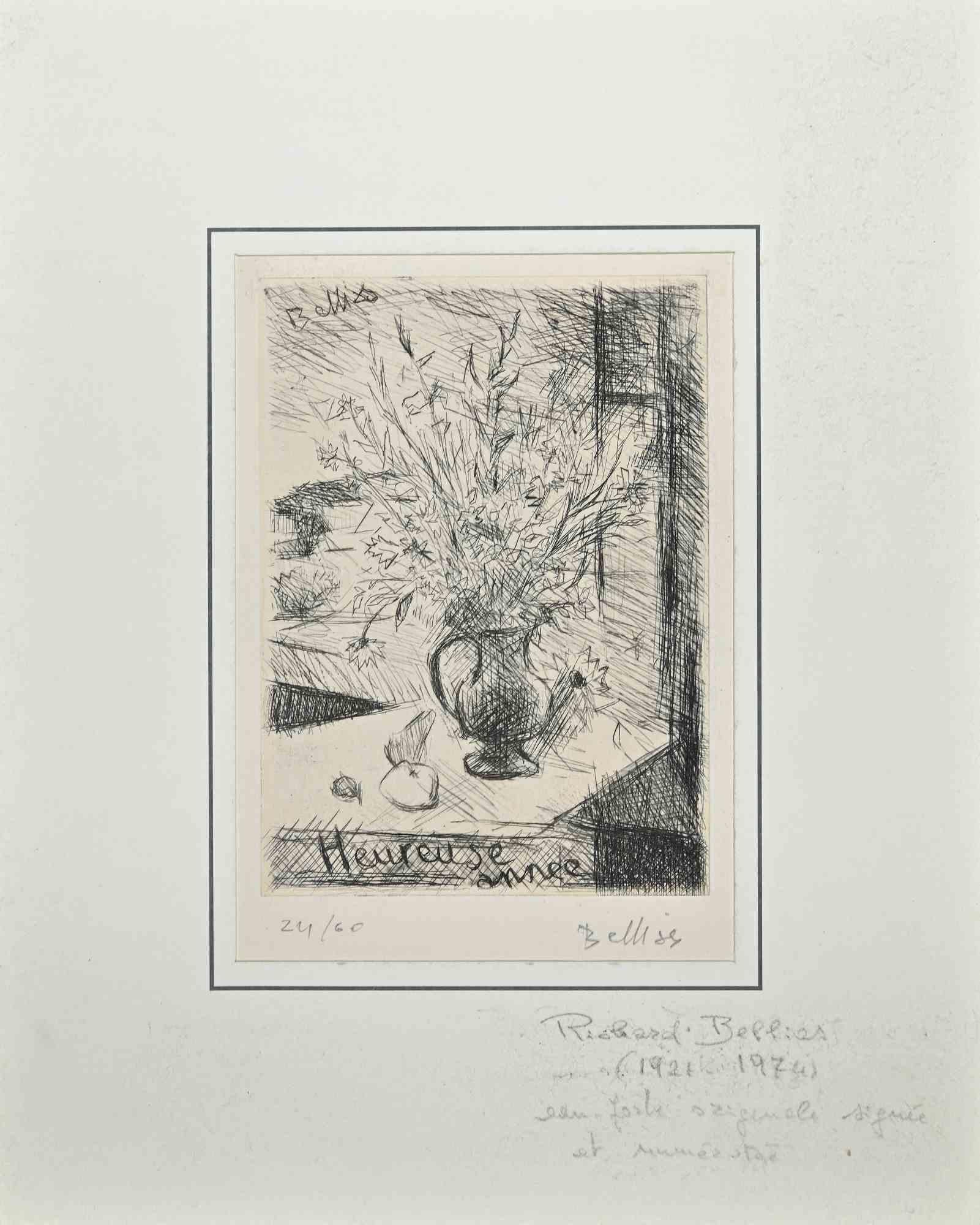 El jarrón de flores  - Aguafuerte de Richard Bellies - Años 50 en venta 1