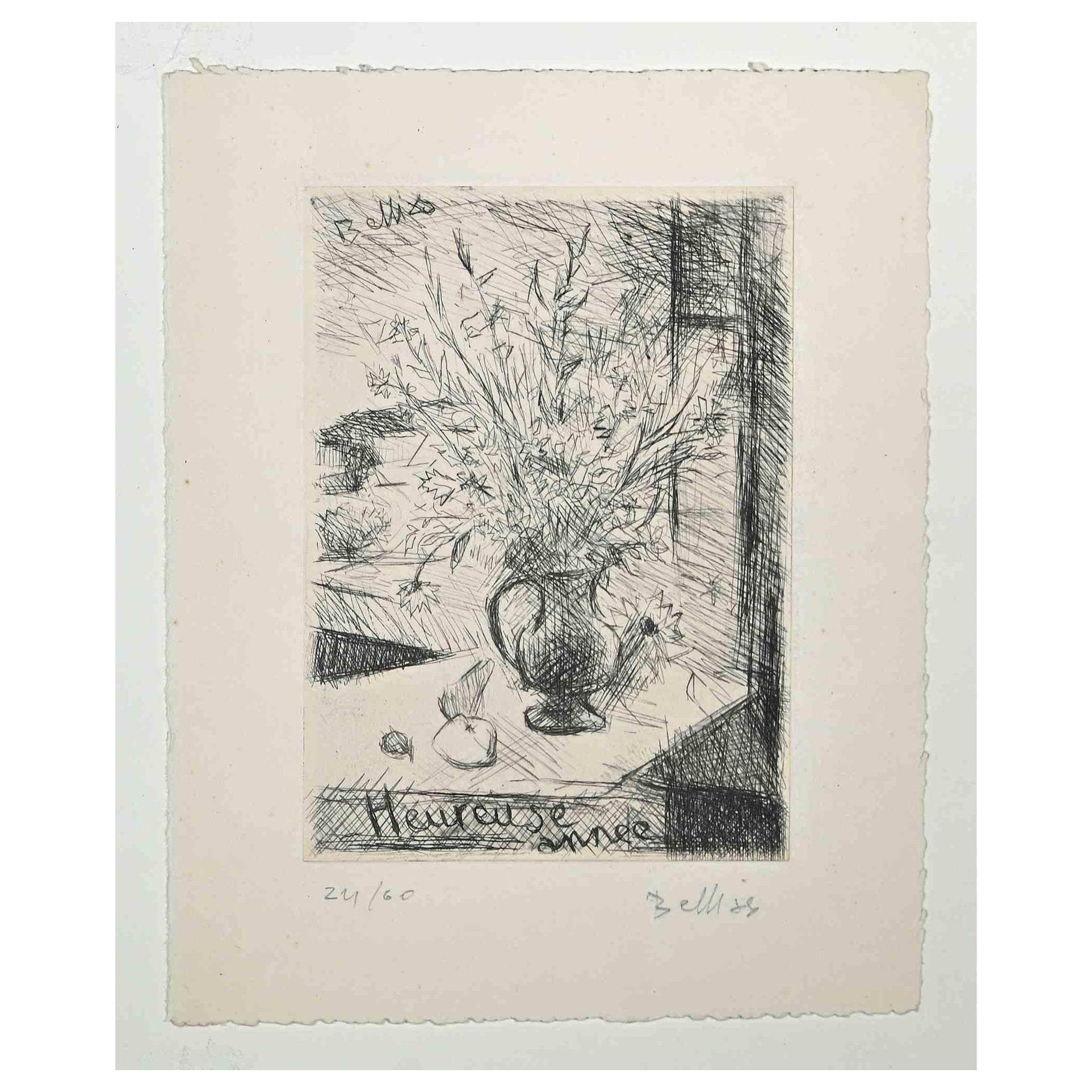 Die Blumenvase  - Radierung von Richard Bellies - 1950er Jahre