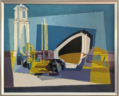 1959 Vintage Original Mid-Century Abstract Oil Painting- Boats by the Lighthouse (Bateaux près du phare)