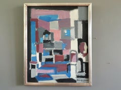 1966 Mid Century Modern Abstract Oil Painting - Cubist Interior with Chair
