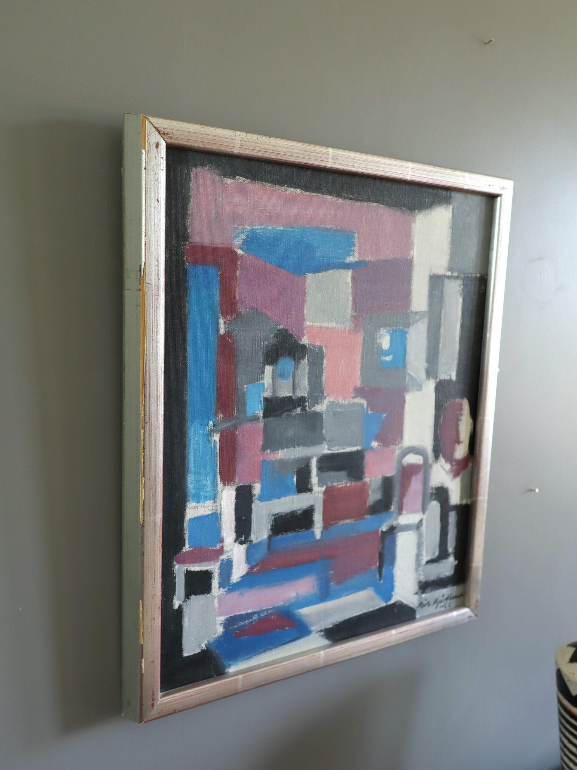 1966 Mid Century Modern Abstraktes Ölgemälde - Kubistisches Interieur mit Stuhl (Grau), Interior Painting, von Richard Björklund