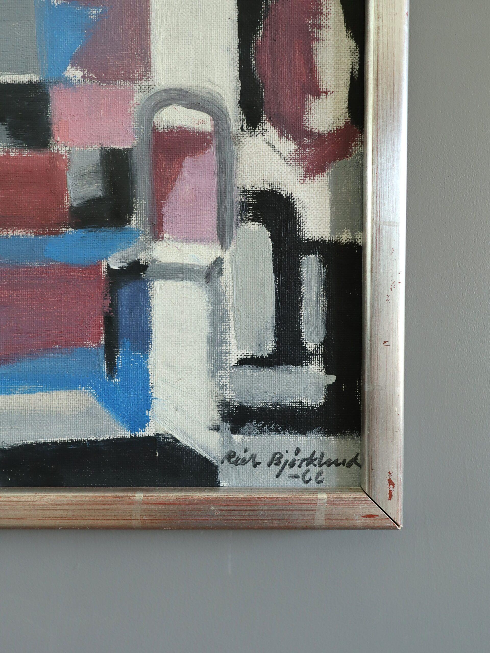 1966 Mid Century Modern Abstraktes Ölgemälde - Kubistisches Interieur mit Stuhl im Angebot 4