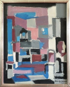 1966 Mid Century Modern Abstract Oil Painting - Cubist Interior with Chair