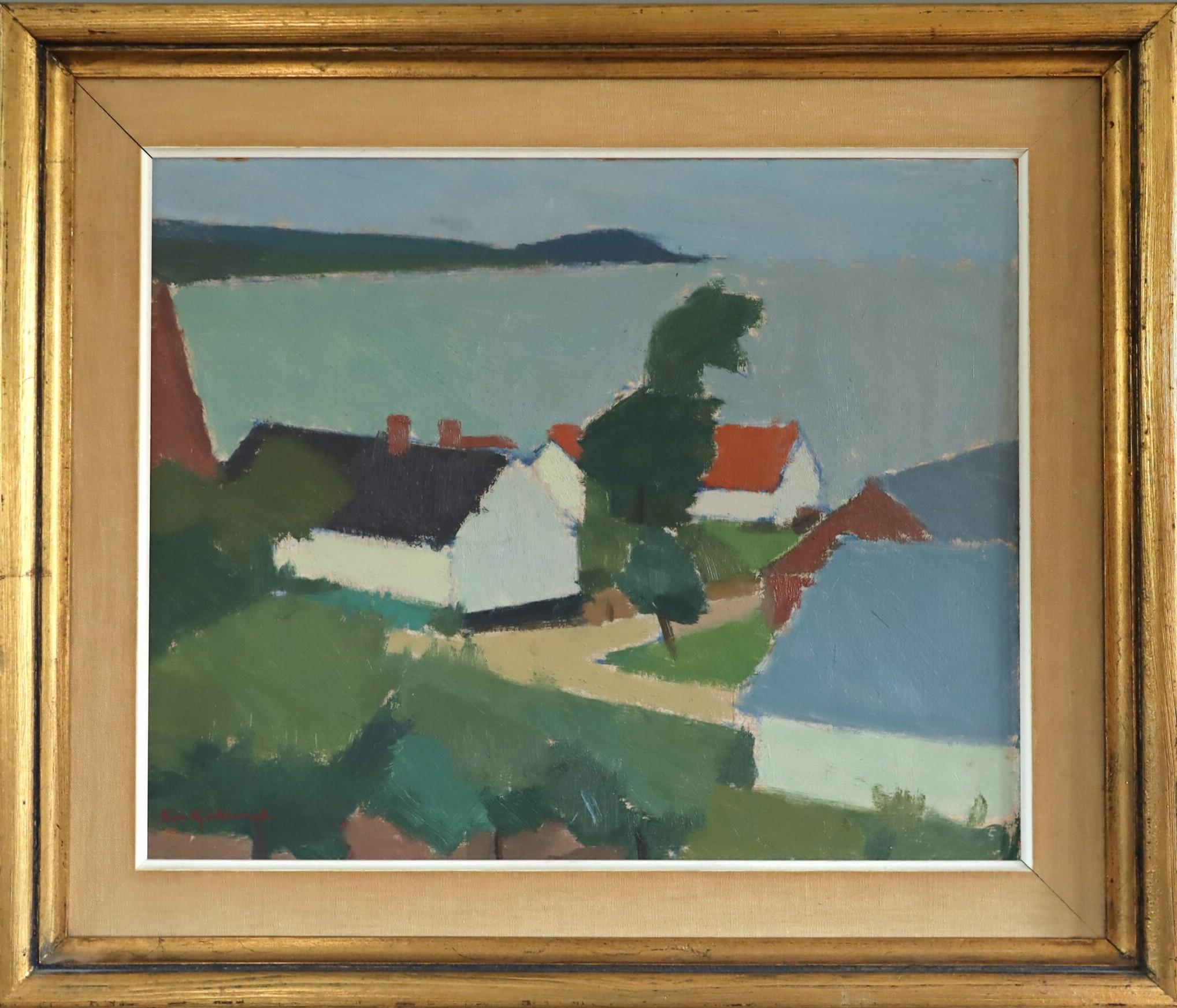 Mid Century Modern Abstrakte Landschaft Ölgemälde - Cottages by the Coast